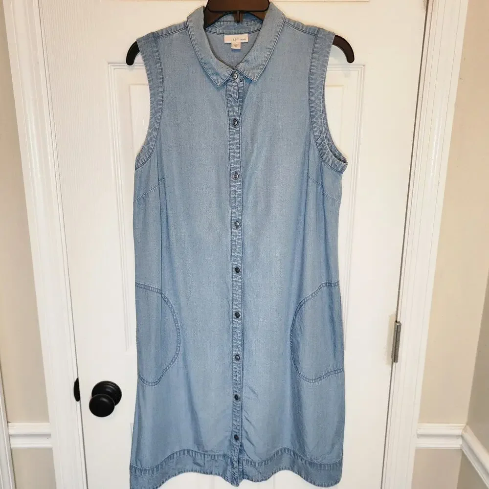 J. Jill Denim Medium Blue Relaxed Casual Sleeveless Button-Up Dress Pockets - Picture 2 of 8